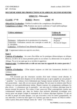 Première page de Philosophie 1ère D — 2e production scolaire, 2e semestre (2018-2019) · CEG ONIGBOLO