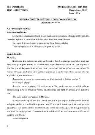 Première page de Français 2nde A2, 2nde B, 2nde C, 2nde D — 2e devoir surveillé, 2e semestre (2019-2020) · CEG L'Entente