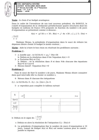 Première page de Mathématiques 2nde A1, 2nde A2, 2nde C — 2e devoir surveillé (2019-2020) · CEG 1 Akpakpa-Centre