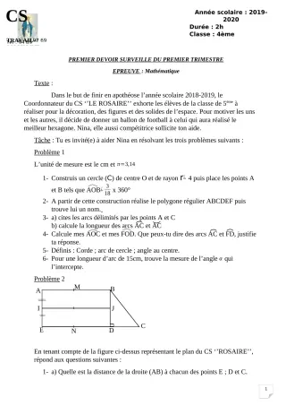 Première page de Mathématiques 4e, 4e ML — 1er devoir surveillé, 1er trimestre (2019-2020) · CPEG ROSAIRE