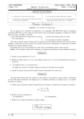 Première page de Mathématiques Tle A1 — Composition (2018-2019) · CEG Gomparou