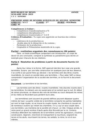 Première page de SVT 5e — 1er devoir surveillé, 2e semestre (2018-2019) · CEG SONSORO