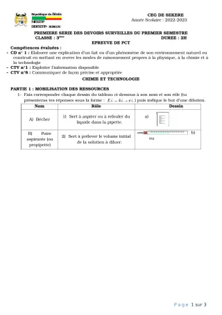 Première page de PCT 3e — 1er devoir surveillé, 1er semestre (2022-2023) · CEG SEKERE