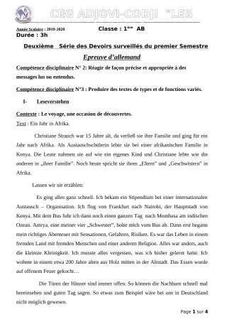 Première page de Allemand 1ère B — 2e devoir surveillé, 1er semestre (2019-2020) · CEG ADJOVICODJI 'LES OLIVIERS'
