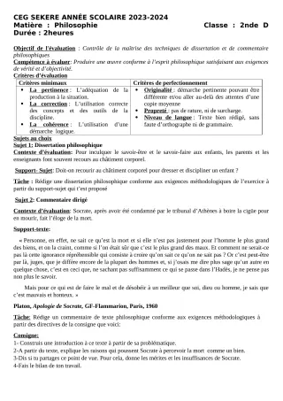 Première page de Devoir surveillé de PHILO — 2nde D — CEG SEKERE (2023)