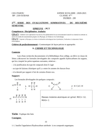 Première page de PCT 4e — Évaluation sommative (2020-2021) · CEG PAHOU