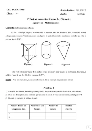 Première page de Mathématiques 5e — 1re production scolaire, 1er semestre (2018-2019) · CEG Tchatchou