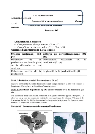 Première page de SVT 1ère D — 1re évaluation sommative, 1er semestre (2022-2023) · CEG2 ABOMEY - CALAVI (CEG ZOCA)