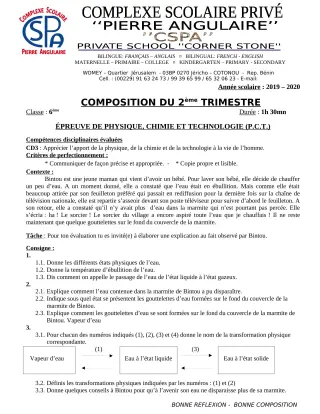 Première page de PCT 6e — Composition, 2e trimestre (2019-2020) · CPEG PIERRE ANGULAIRE