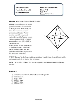 Première page de Mathématiques 1ère C — 1er devoir surveillé, 1er semestre (2023-2024) · CEG2 ABOMEY - CALAVI (CEG ZOCA)