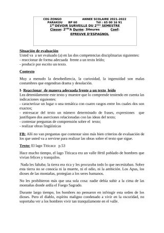 Première page de Espagnol 2nde A, 2nde A2 — 1er devoir surveillé, 2e semestre (2021-2022) · CEG ZONGO