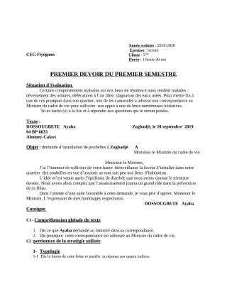 Première page de Français 5e — 1er devoir surveillé, 1er semestre (2019-2020) · CEG FIYEGNON