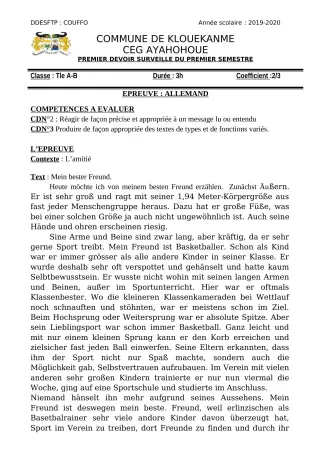 Première page de Allemand 2nde A1, 1ère A, Tle A1 — 1er devoir surveillé, 1er semestre (2019-2020) · CEG AYAHOHOUE