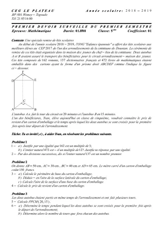 Première page de Mathématiques 5e — 1er devoir surveillé, 1er semestre (2018-2019) · CEG Le Plateau