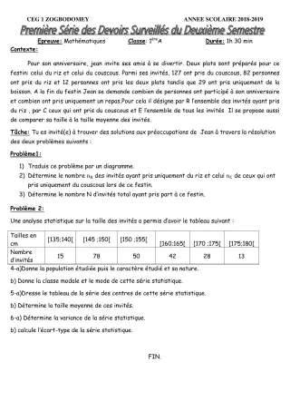 Première page de Devoir surveillé de MATHS GENE — 6e, 5e, 4e, 4e ML, 3e, 3e ML, 2nde C, 2nde D, 1ère A1, 1ère A2, 1ère C, 1ère D, Tle C, Tle D — CEG 1 ZOGBODOMEY (2018)