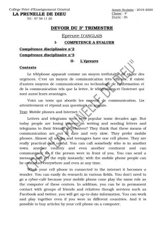 Première page de Anglais 4e, 4e ML — Devoir surveillé, 3e trimestre (2019-2020) · CEPG La Prunelle de Dieu