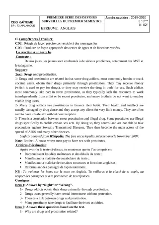 Première page de Anglais 3e, 3e ML — 1er devoir surveillé, 1er semestre (2019-2020) · CEG Kaïtèmè