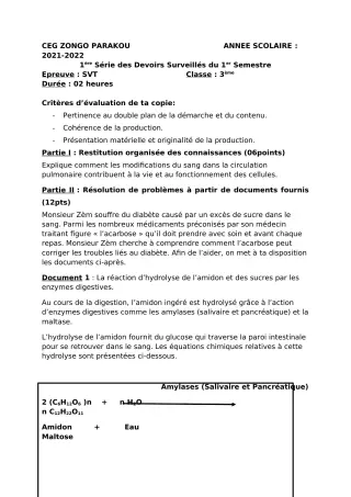 Première page de SVT 3e — 1er devoir surveillé, 1er semestre (2021-2022) · CEG ZONGO