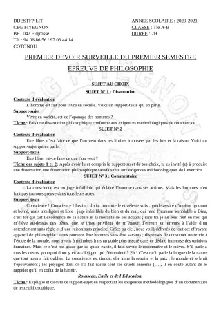 Première page de Philosophie Tle A2, Tle B — 1er devoir surveillé, 1er semestre (2020-2021) · CEG FIYEGNON