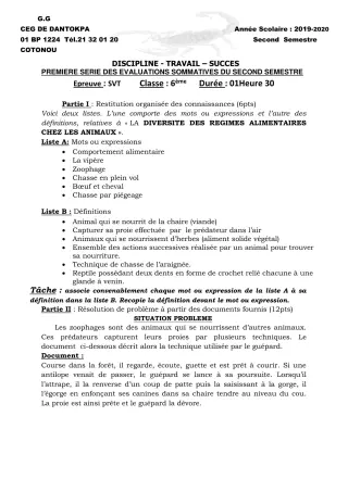 Première page de SVT 6e, 2nde C, 2nde D, Tle A1, Tle A2, Tle B — 1re évaluation sommative, 2e semestre (2019-2020) · CEG Dantokpa