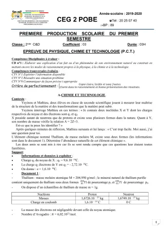 Première page de PCT 2nde C — 1re production scolaire (2019-2020) · CEG 2 Pobè