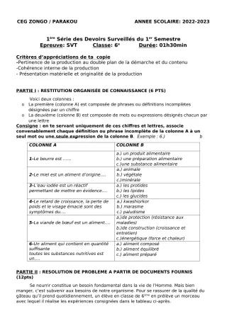 Première page de SVT 6e — 1er devoir surveillé, 1er semestre (2022-2023) · CEG ZONGO