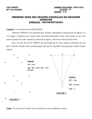 Première page de Mathématiques 4e — 1er devoir surveillé, 2e semestre (2020-2021) · CEG PAHOU