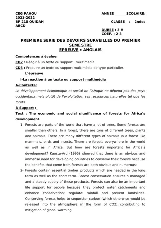 Première page de Anglais 2nde A2, 2nde B, 2nde C, 2nde D — 1er devoir surveillé, 1er semestre (2021-2022) · CEG PAHOU