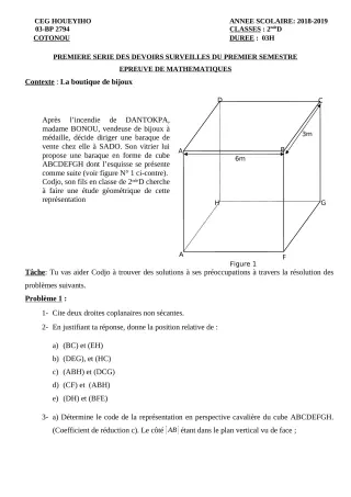 Première page de Mathématiques 2nde D — 1er devoir surveillé, 1er semestre (2018-2019) · CEG HOUEYIHO