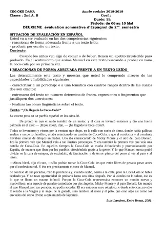 Première page de Espagnol 2nde A1, 2nde A2, 2nde B — 2e évaluation sommative, 2e semestre (2018-2019) · CEG OKEDAMA
