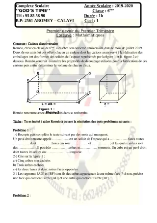 Première page de Mathématiques 6e — 1er devoir surveillé, 1er trimestre (2019-2020) · CPEG GOD'S TIME