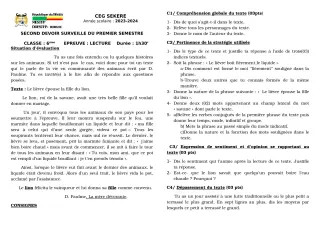 Première page de Français 6e — 2e devoir surveillé, 1er semestre (2023-2024) · CEG SEKERE