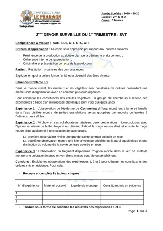 Première page de SVT 2nde C, 2nde D — 2e devoir surveillé, 1er trimestre (2019-2020) · CPEG LE PHARAON