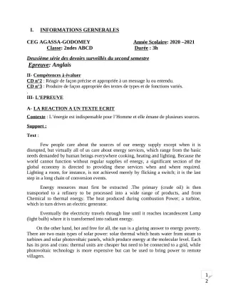 Première page de Anglais 2nde A & B, 2nde C, 2nde D, 1ère A, 1ère B, 1ère C, 1ère D, Tle A1, Tle B, Tle C, Tle D — 2e devoir surveillé, 2e semestre (2020-2021) · CEG Agassa Godomey