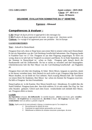 Première page de Allemand 2nde A & B — 2e évaluation sommative (2019-2020) · CEG GBEGAMEY