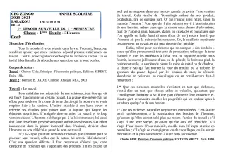Première page de Français 2nde A, 2nde B, 2nde C, 2nde D, 1ère A1, 1ère A2, 1ère B, 1ère C, 1ère D, Tle A1, Tle A2, Tle B, Tle C, Tle D — 1er devoir surveillé, 1er semestre (2020-2021) · CEG ZONGO