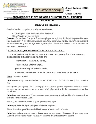 Première page de Espagnol 3e — 1er devoir surveillé, 1er semestre (2022-2023) · CEG ATROKPOCODJI
