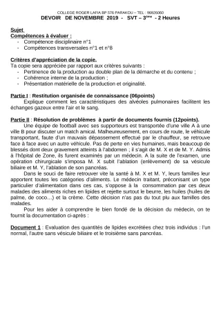 Première page de SVT 3e, 3e ML — Devoir surveillé (2019-2020) · CPEG Roger LAFIA