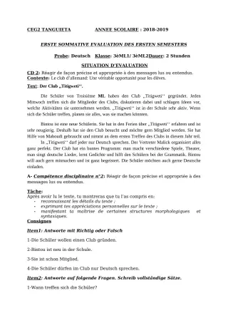 Première page de Devoir surveillé de ALLEMAND — 3e ML — CEG2 TANGUIETA (2018)