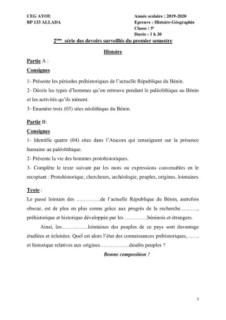 Première page de Histoire-Géographie 5e — 2e devoir surveillé, 1er semestre (2019-2020) · CEG AYOU