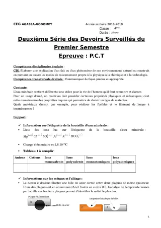 Première page de PCT 4e — 2e devoir surveillé, 1er semestre (2018-2019) · CEG Agassa Godomey