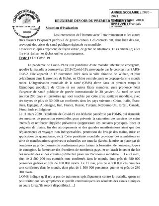 Première page de Français 1ère A2, 1ère D — 2e devoir surveillé, 1er trimestre (2020-2021) · CPEG PENIEL
