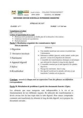 Première page de SVT 6e — 2e devoir surveillé, 1er semestre (2021-2022) · CEG SEKERE
