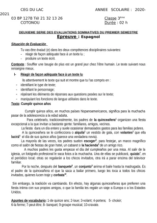 Première page de Espagnol 3e ML — 2e évaluation sommative, 1er semestre (2020-2021) · CEG du Lac