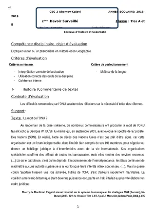 Première page de Histoire-Géographie Tle A1, Tle A2, Tle B — 2e devoir surveillé, 1er semestre (2018-2019) · CEG2 ABOMEY - CALAVI (CEG ZOCA)