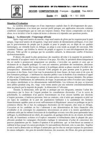 Première page de Français Tle A1, Tle A2, Tle B, Tle C, Tle D — Composition (2020-2021) · CPEG Roger LAFIA