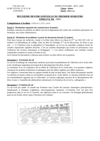 Première page de SVT 4e, 4e ML — 2e devoir surveillé, 1er semestre (2019-2020) · CEG du Lac