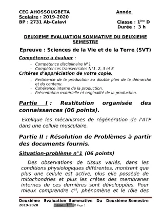 Première page de SVT 1ère D — 2e évaluation sommative, 2e semestre (2019-2020) · CEG Ahossougbéta