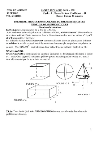 Première page de Mathématiques 6e — 1re production scolaire, 1er semestre (2020-2021) · CEG LE NOKOUE