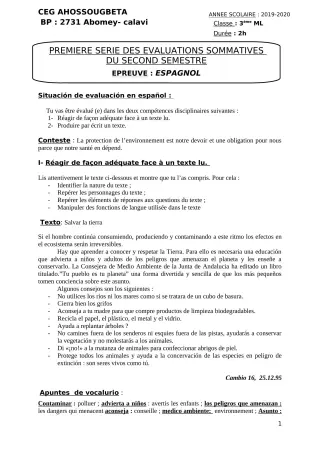 Première page de Espagnol 3e ML — 1re évaluation sommative, 2e semestre (2019-2020) · CEG Ahossougbéta